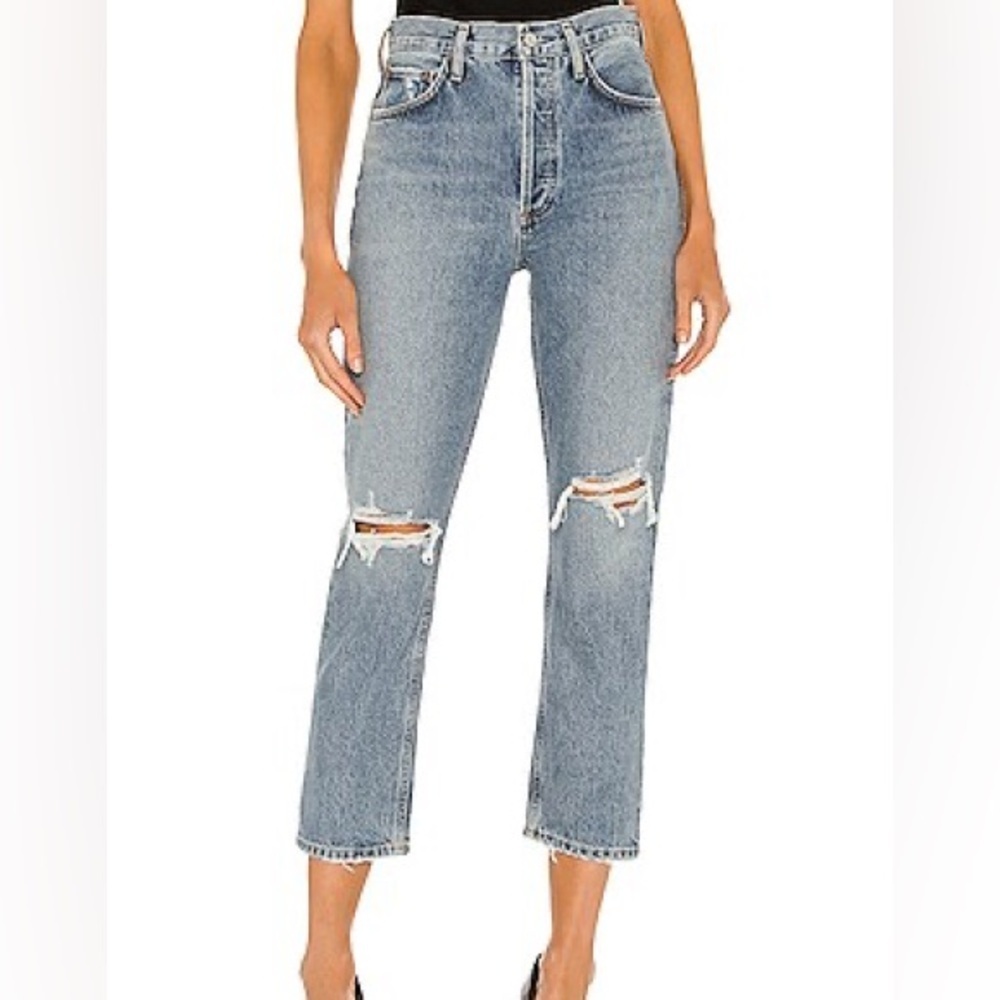 Agolde Riley Revolve  High Rise Button Fly Straight‎ Distressed Crop Denim Jeans